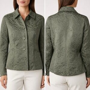 J Jill Quilted Jacket MP Olive Green Embossed Floral Petite Pockets